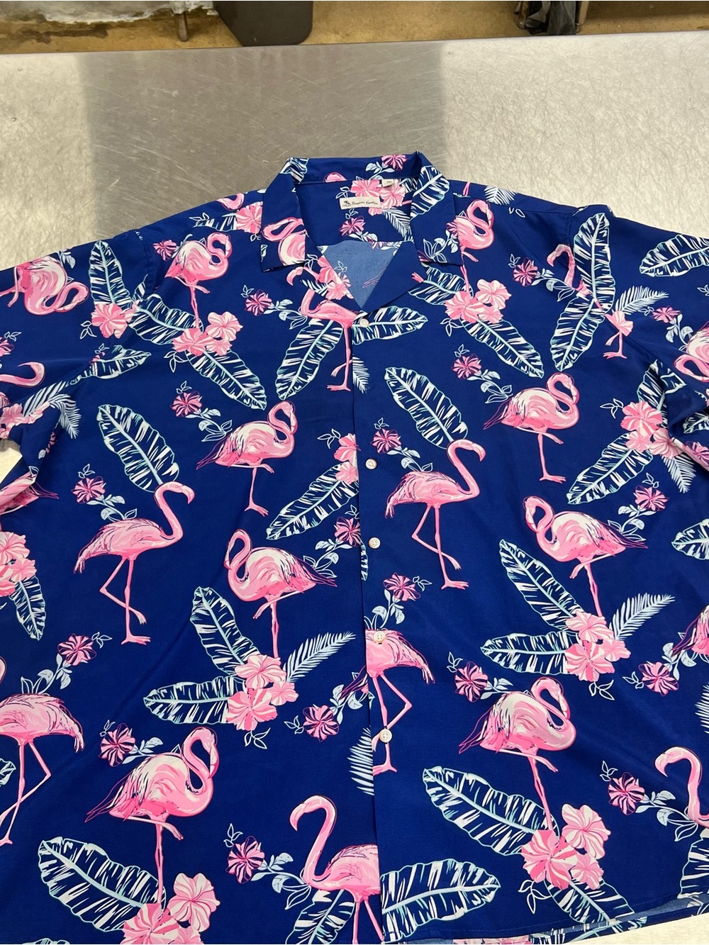 Hawaiian Vacation Tropical Navy Flamingo Print Casual Button-Down Shirt